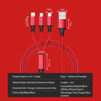 3 In 1 USB Cable For IPhone, Micro USB Cable For Android, USB TypeC For Other Mobile Phones